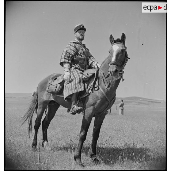 Portrait à cheval d'un commandant d'un groupe de tabors marocains lors d'un défilé à dans la région de Bizerte.