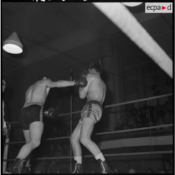 Championnat de boxe interarmées d'Algérie de 1960. Catégorie moyens : Hernandez contre Lenain.