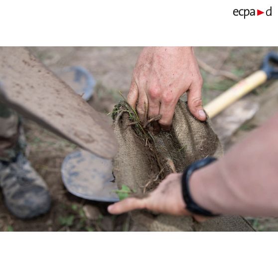 Des sapeurs de marine du 6e régiment du génie (RG) remplissent des sacs à terre pour la réalisation d'une tranchée à Tapa, en Estonie.